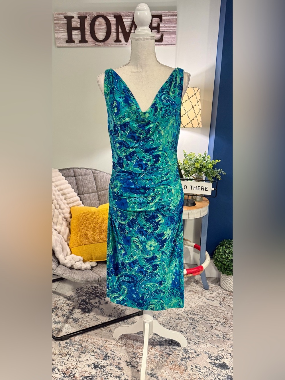 Lauren Ralph Lauren Teal Paisley Ruched Dress 8